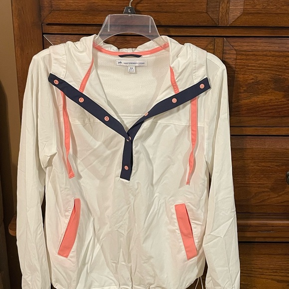 Southern Tide Jackets & Blazers - Southern Tide White Hooded Anorak with Coral and Navy Trim